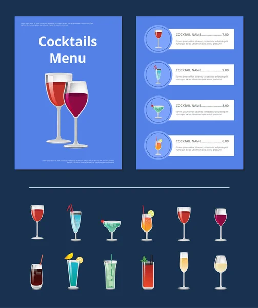 Cocktails Menu Bar Layout Vector Illustration — Stock Vector