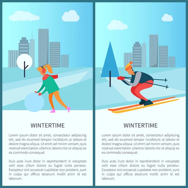 Mujer de invierno y bola de nieve Vector Ilustración — Vector de stock