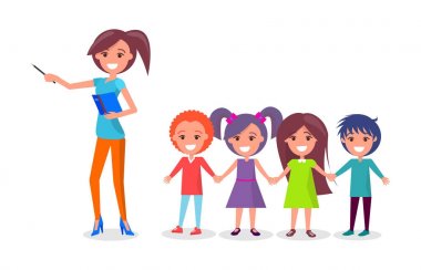 Okul çocukları üzerinde gezi, kadın Kılavuzu vektör