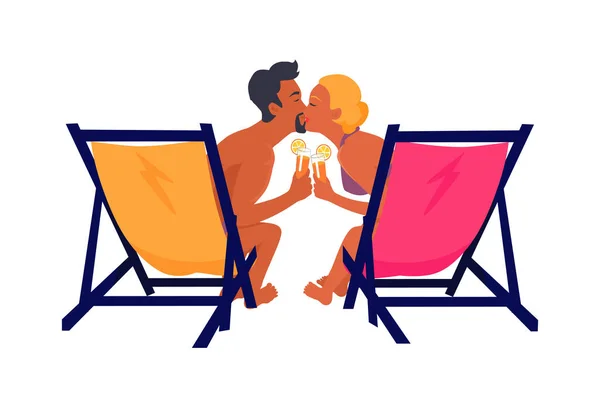 Пара сидящих на креслах с коктейлями и поцелуями — стоковый вектор