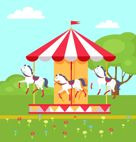 Roterende paarden carrousel in stadspark, Vector — Stockvector