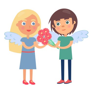 Oğlum kız çift kanatları sırtına adam verir çiçekler