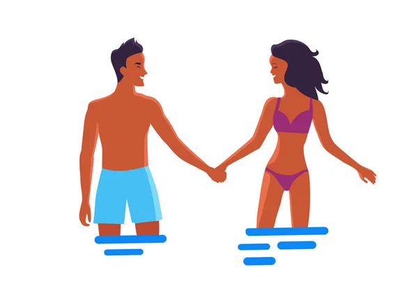 Hombre y mujer enamorados que toman las manos en el agua — Vector de stock