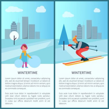 Kış kız ve kayakçı vektör çizim