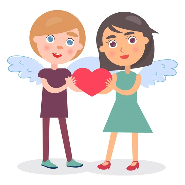 Feliz pareja celebrar el corazón en las manos, alas de niña — Vector de stock