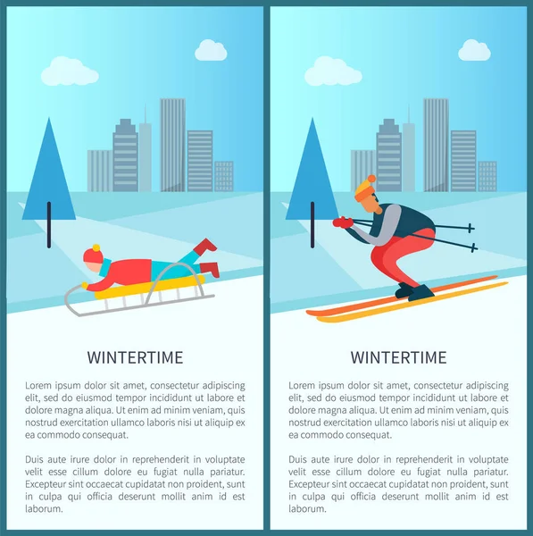 Inverno Slitta e sciatore Set vettoriale illustrazione — Vettoriale Stock