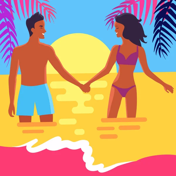Poster di coppia felice in piedi in mare al tramonto — Vettoriale Stock