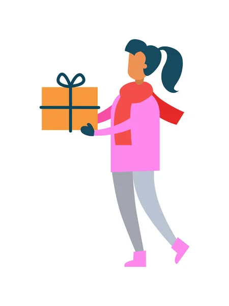 Femme rose pull tenir cadeau boîte dans les mains — Image vectorielle