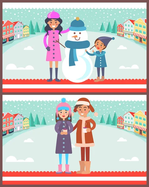 Mutter und Kind machen Schneemannvektorillustration — Stockvektor