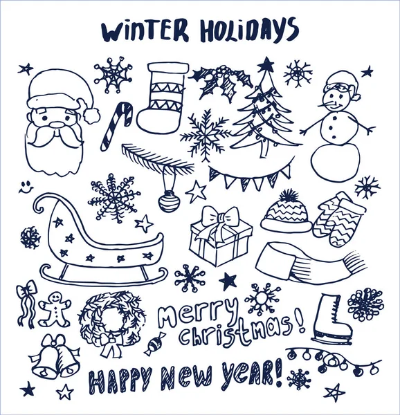 Felice Anno Nuovo Vacanze invernali Elementi disegnati a mano — Vettoriale Stock