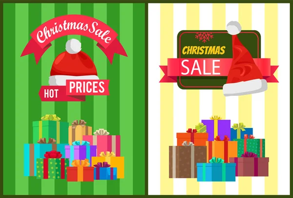 Heiße preise weihnachtsverkauf poster weihnachtsmann hut label — Stockvektor