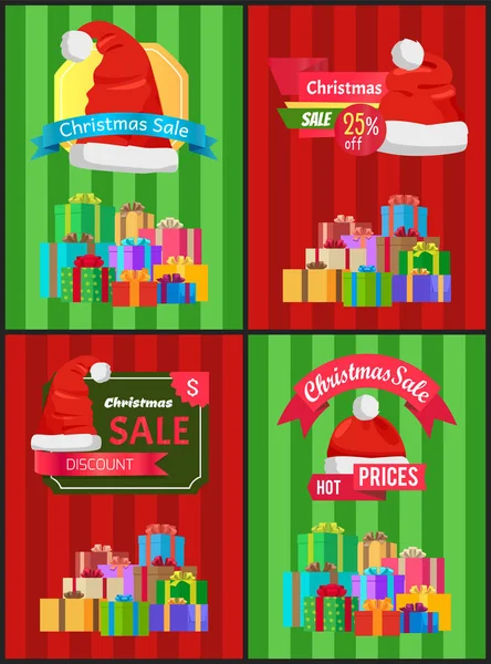 Christmas Sale Posters Santas Hat Discount Label — Stock Vector