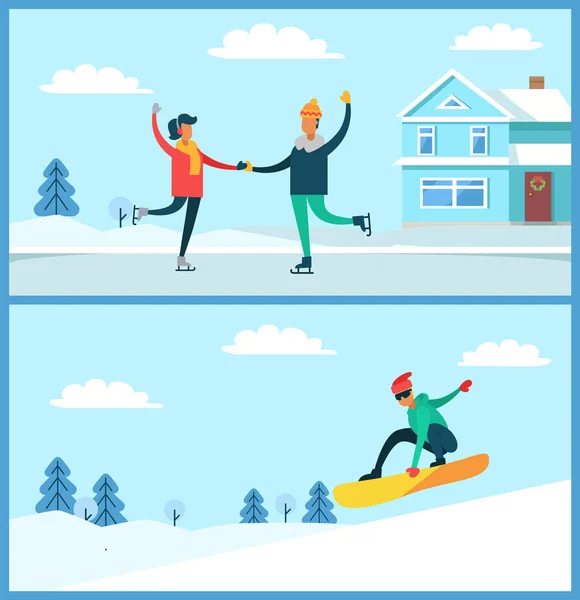 Menschen Skaten, Snowboard Vektor Illustration — Stockvektor