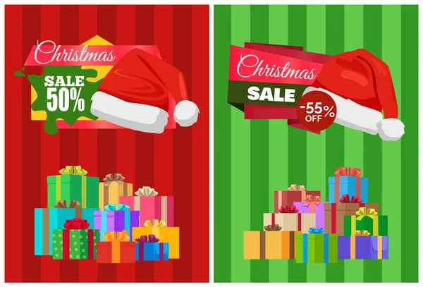 Mitad precio Navidad venta cartel envuelto regalos — Vector de stock