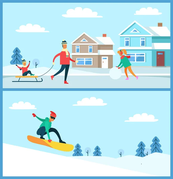 Snowboarder und Familie setzen Vektor-Illustration — Stockvektor