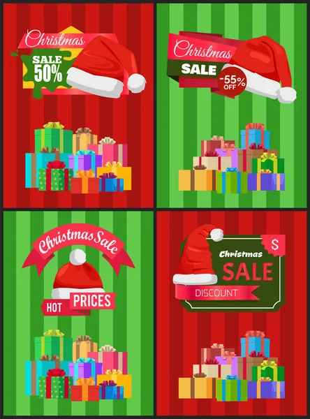 Natal venda cartazes chapéu Santas etiqueta de desconto — Vetor de Stock