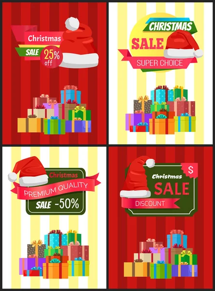 Boże Narodzenie sprzedaż plakat owinięty prezent, etykiety promocyjne — Wektor stockowy