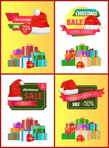 Descuento de Navidad Carteles festivos con regalos — Vector de stock