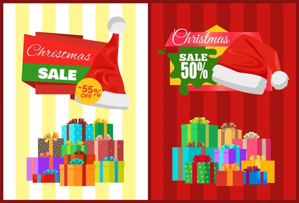 Karácsonyi eladó plakátok Mikulás kalap kedvezmény címke — Stock Vector