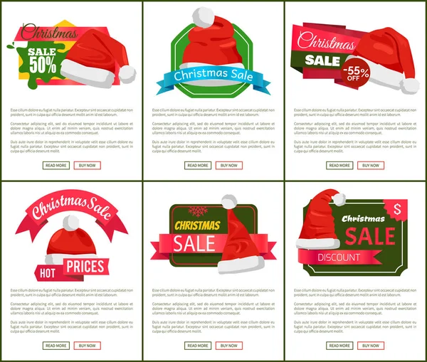 Kortingen van Tags Santa Claus hoeden Promo etiketten Xmas — Stockvector