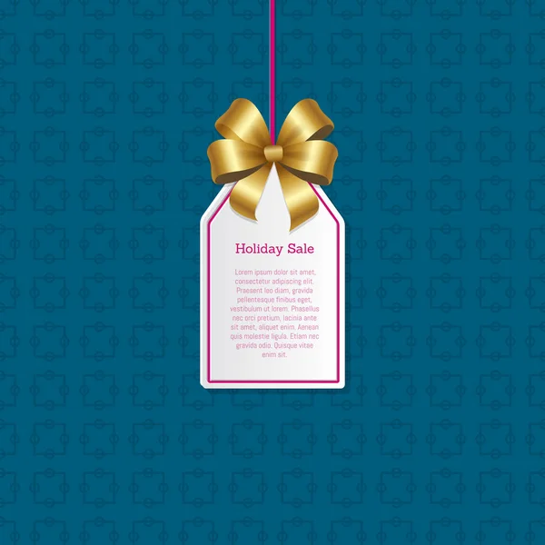 Holiday försäljning tecken på liten tagg med glänsande guld rosett — Stock vektor