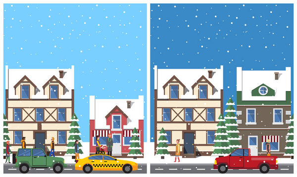 Winter in City Placards Set Vector Illustration