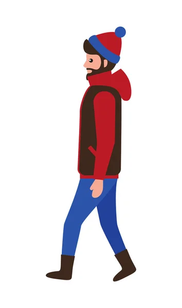 Homem com barba vestindo jaqueta quente, chapéu vermelho azul —  Vetores de Stock