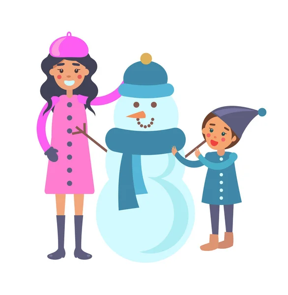 Mutter und Kind machen Schneemannvektorillustration — Stockvektor