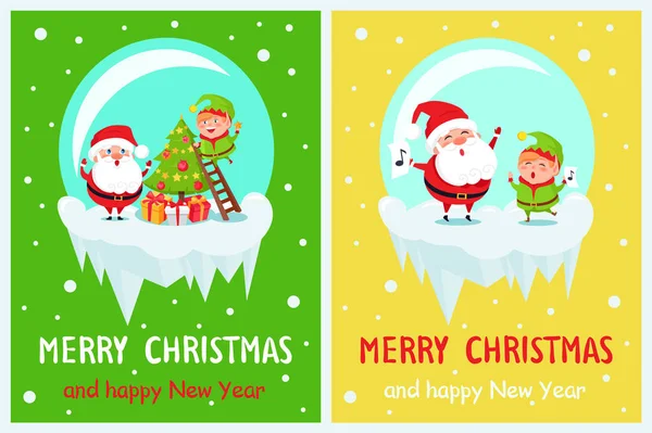 Happy Christmas Happy New Year Poster Santa Elf — стоковый вектор
