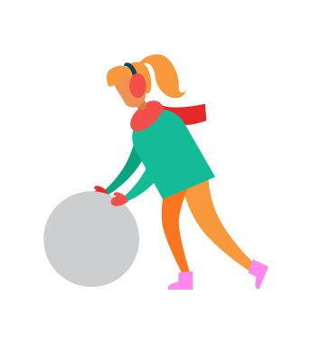 Kadın kar vektör büyük topu ile kardan adam yapma