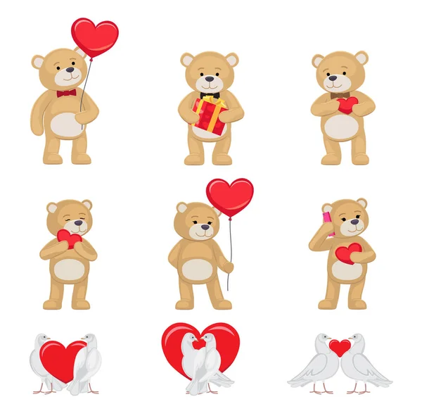 Χαριτωμένο μαλακό παιχνίδι αρκούδες και λευκά περιστέρια σε σύνολο αγάπη — Διανυσματικό Αρχείο