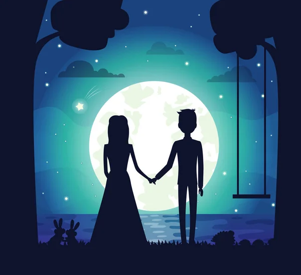 Silhouette of Couple at Night Vector Illustration — Stock Vector