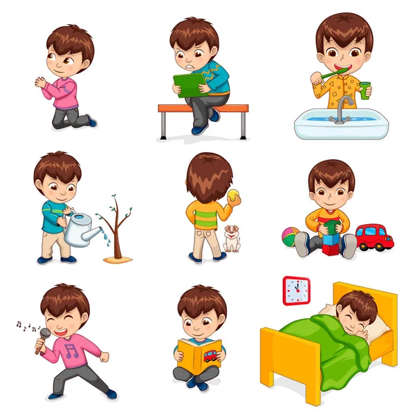 Boy Does Daily Routine Actions Illustrations Set — Stock Vector