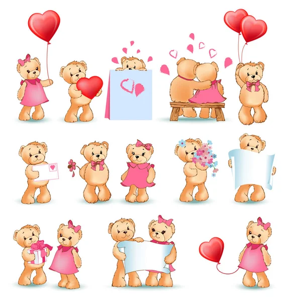 Teddy Bears Set Valentine Vector Illustration - Stok Vektor