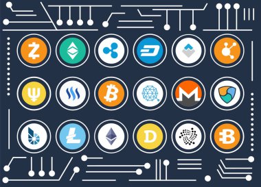 Cryptocurrency Icons Set bilgisayar Microscheme üzerinde