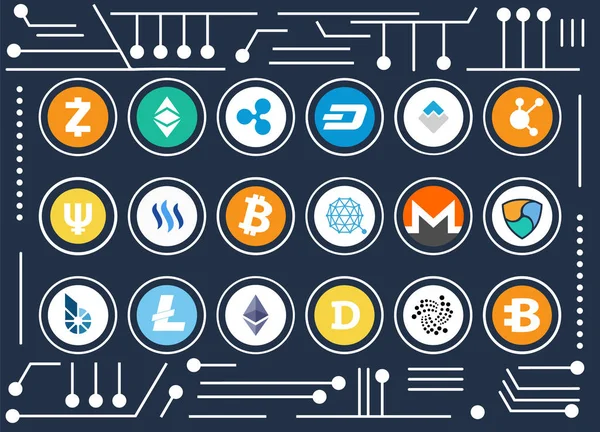 Cryptocurrency Icons Set on Computer Microscheme — Stock Vector