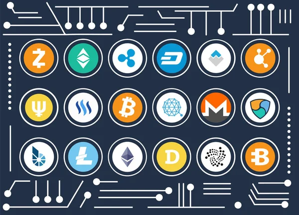 Conjunto de ícones criptomoeda no microesquema de computador —  Vetores de Stock