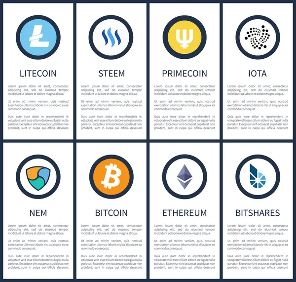 Cryptocurrency Symbols with Sample Texts Posters — Stock Vector