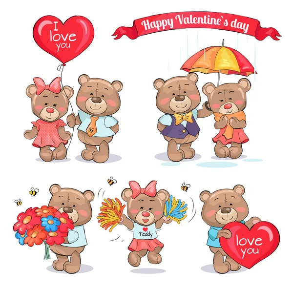 Happy Valentines Day teddyberen koppels in de liefde — Stockvector