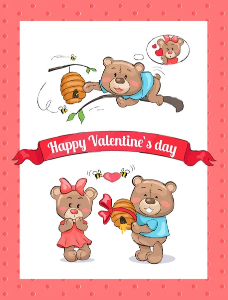 Happy Valentines Day plakat z gałęzi mężczyzna niedźwiedź — Wektor stockowy