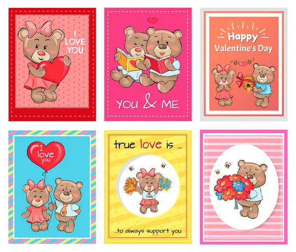 Happy Valentines Day I love you Set of Poster Bear — Stock Vector