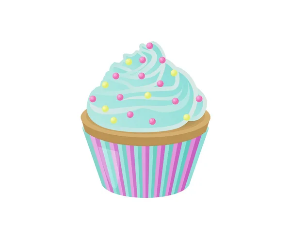 Cupcake con crema azul y espuelas redondas brillantes — Vector de stock