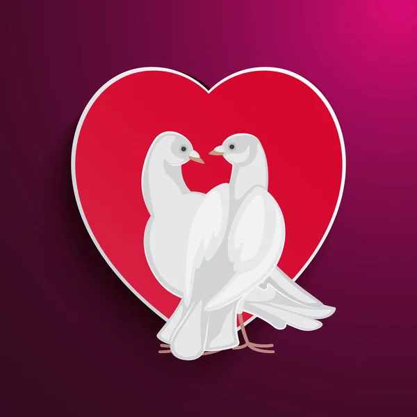 Pareja de palomas blancas se mira entre sí y corazón — Vector de stock