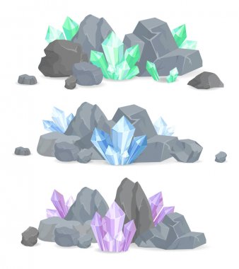 Natural Crystals Clusters in Solid Stones Set clipart