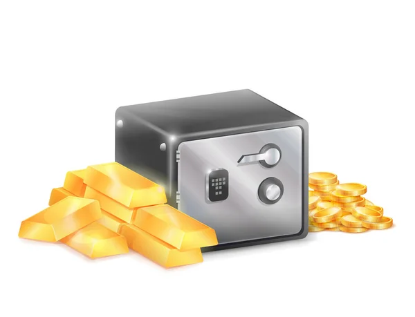 Metal Safe Strongbox com moedas de ouro barras de ouro — Vetor de Stock