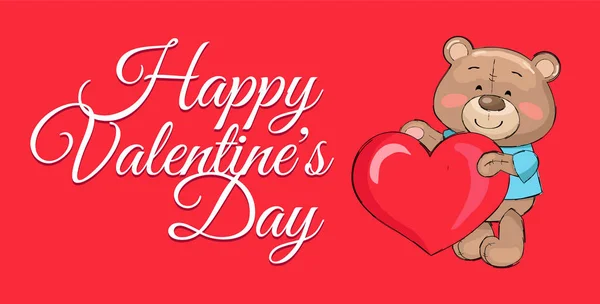 Feliz Dia dos Namorados Poster Teddy Big Heart Symbol — Vetor de Stock