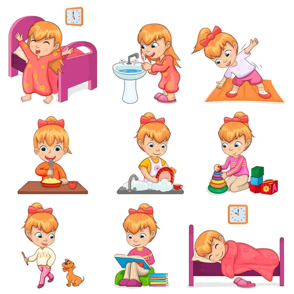 Little Girl Does Daily Routine Illustrations Set — Stock Vector