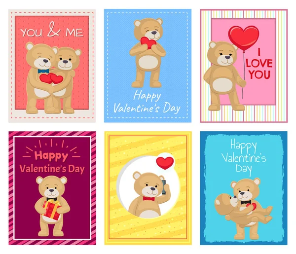 Adorable Plush Bears on Valentines Day Postcards — Stock Vector