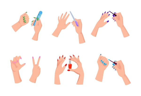 Kvinnliga händer med ljusa manikyr och nagelfilar — Stock vektor
