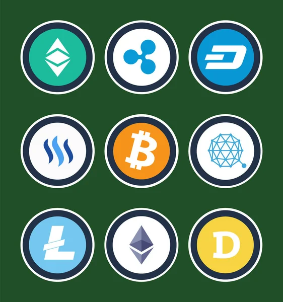 Cryptocurrency Symbols Inside Circles Collection — Stock Vector